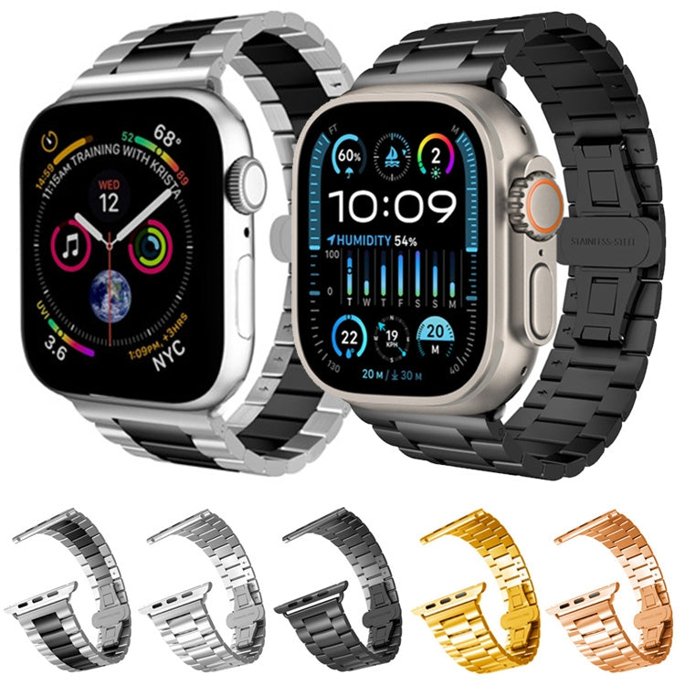 For Apple Watch Series 7 45mm Three-bead Butterfly Buckle Metal Watch Band(Silver Black) - free shipping - PMC TechLife - Order now!