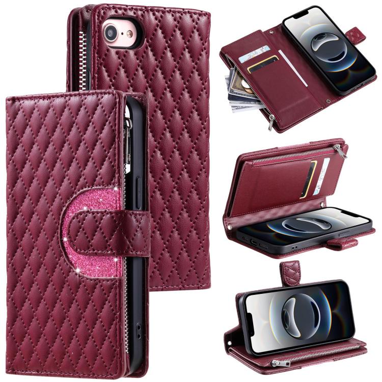 For iPhone 16e Glitter Lattice Zipper Wallet Leather Phone Case(Wine Red)