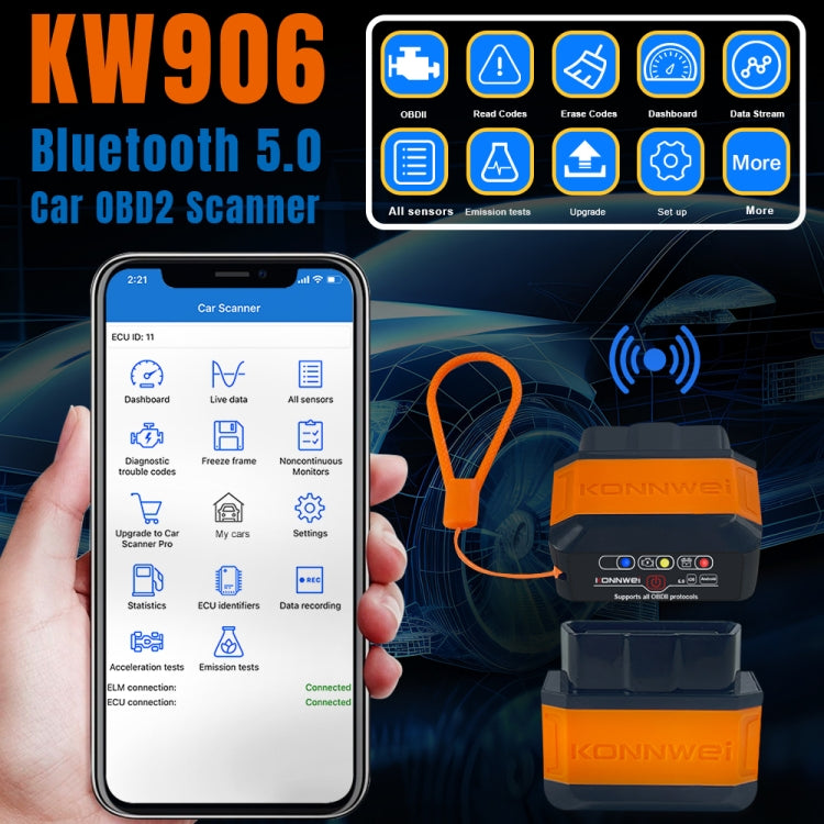 KONNWEI KW906 Bluetooth 5.0 Car OBD2 Scanner Support Android & iOS(Black Orange) - free shipping - PMC Jewellery - Order now!