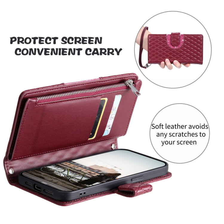 For Google Pixel 7 Pro 5G Glitter Lattice Zipper Wallet Leather Phone Case(Wine Red)