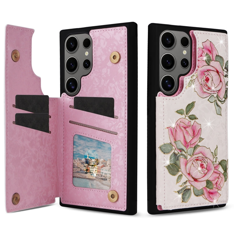 For Samsung Galaxy S25 Ultra 5G Printed Double Buckle RFID Anti-theft Phone Case(Rose)