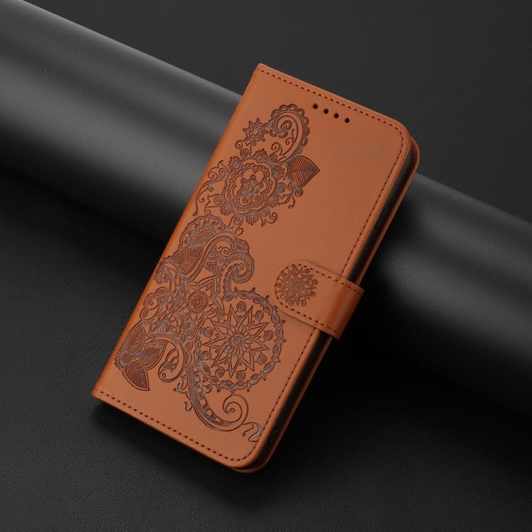 For iPhone 17 Datura Flower Embossed Flip Leather Phone Case(Brown)