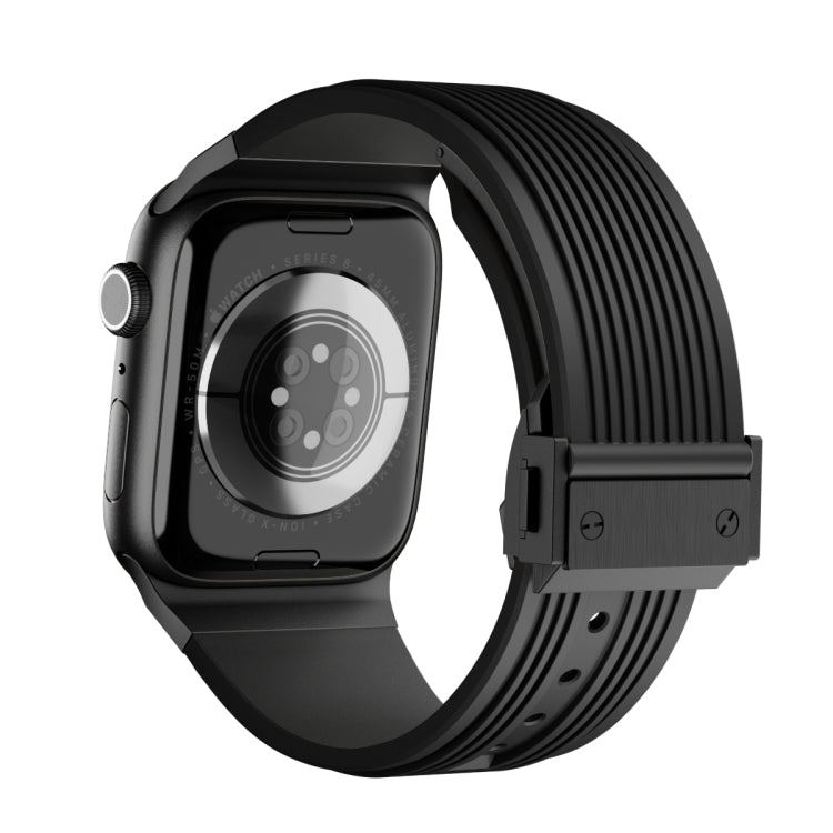 For Apple Watch Series 10 46mm Vertical Texture Black Buckle Elastic Silicone Watch Band(Black)