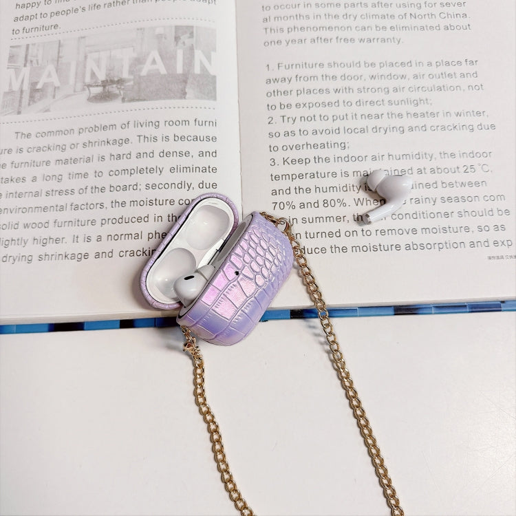 For AirPods Pro 2 Colorful Crocodile Pattern PC Earphone Case with Anti-lost Metal Long Chain(Light Blue)