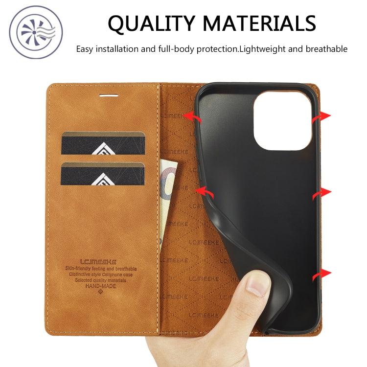 For iPhone 16 Pro LC.IMEEKE Strong Magnetism Microfiber Leather Phone Case(Brown)