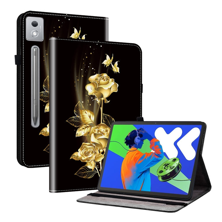 For Lenovo Tab P12 12.7 2025 Crystal Texture Painted Leather Tablet Case(Gold Butterfly Rose)