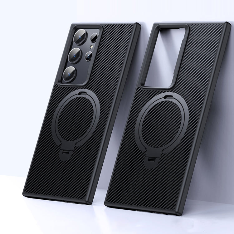 For Samsung Galaxy S24 Ultra 5G Double Ring MagSafe Holder Carbon Fibre Phone Case(Black)