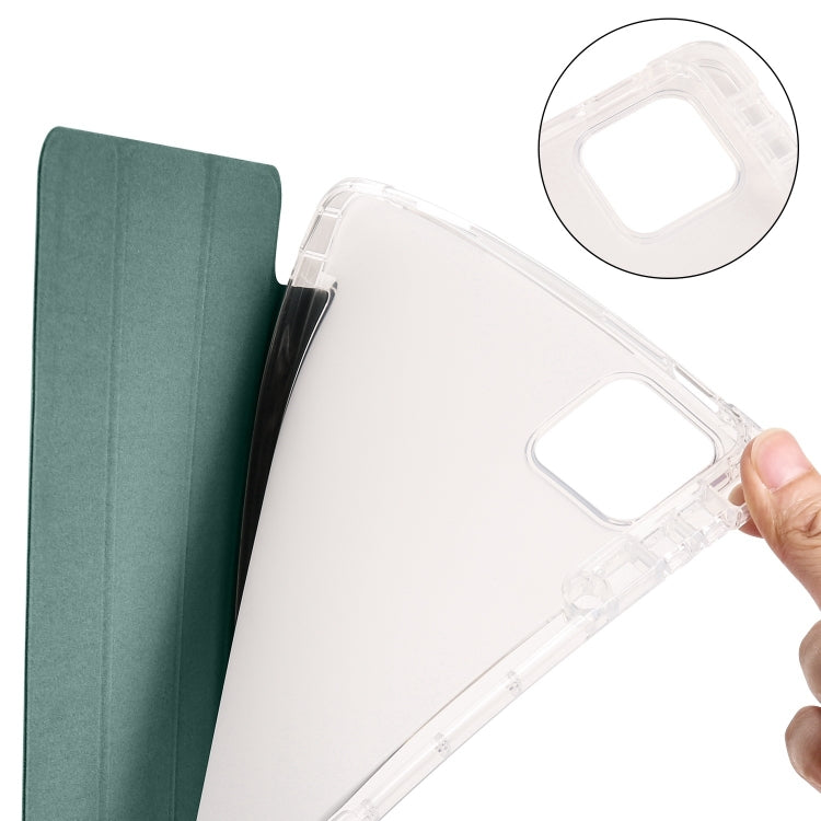 For iPad Air 11 2025 / 2024 3-fold Clear TPU Smart Leather Tablet Case with Pen Slot(Dark Green)
