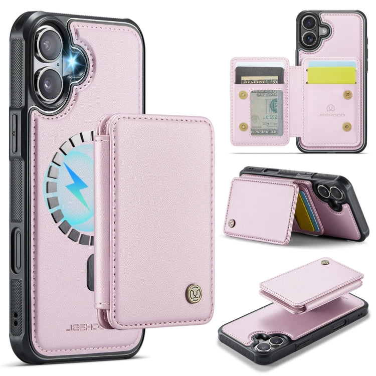 For iPhone 16 JEEHOOD J05 Business Magnetic Style RFID Leather Phone Case(Pink)