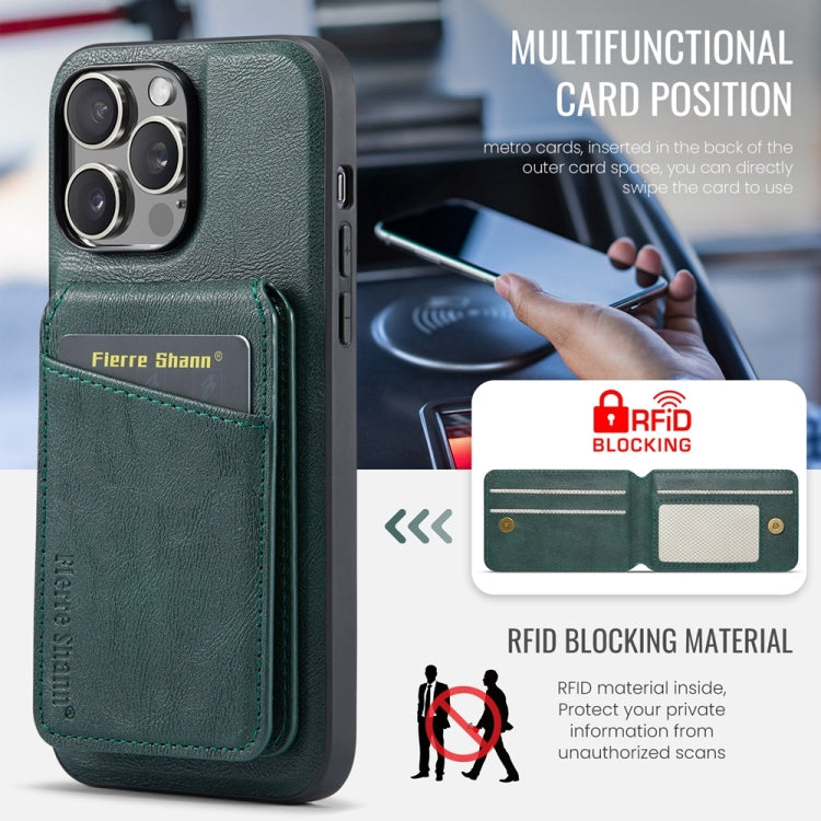 For iPhone 15 Pro Max Fierre Shann Cowhide Vertical Flip Magnetic Card Holder Phone Case(Green)