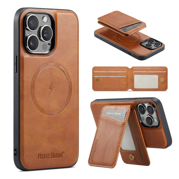 For iPhone 16 Pro Max Fierre Shann Cowhide Vertical Flip Magnetic Card Holder Phone Case(Brown)