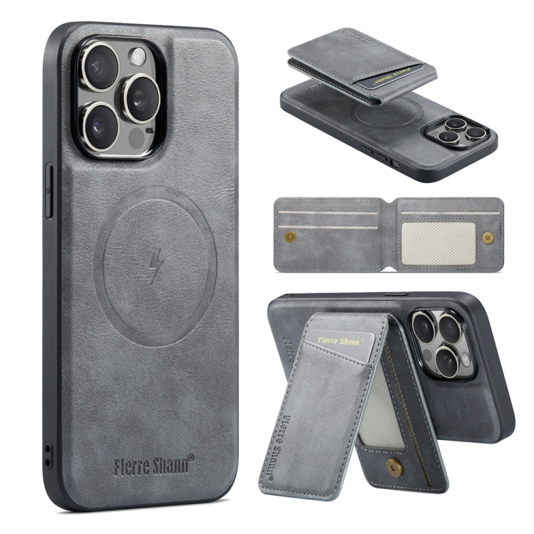 For iPhone 16 Pro Max Fierre Shann Cowhide Vertical Flip Magnetic Card Holder Phone Case(Grey)