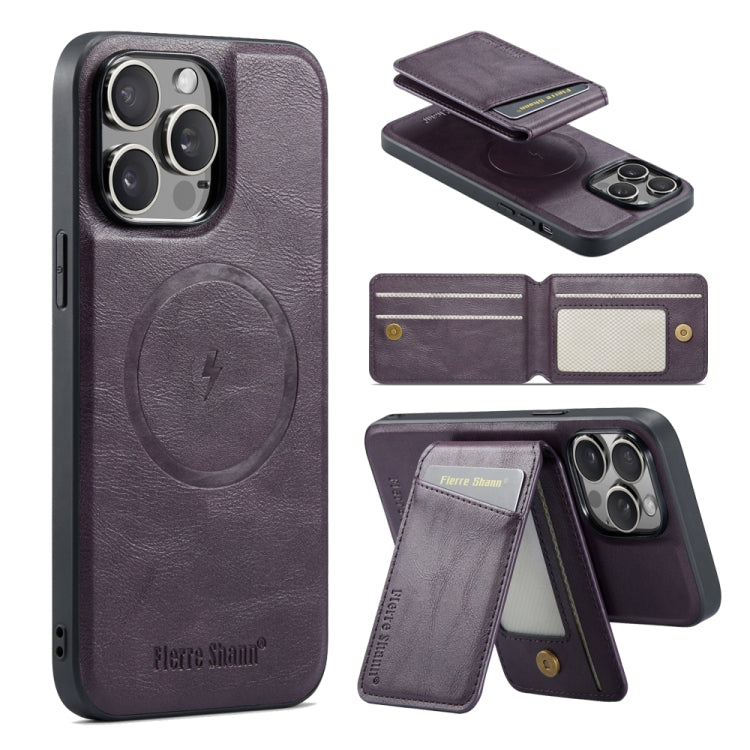 For iPhone 16 Pro Fierre Shann Cowhide Vertical Flip Magnetic Card Holder Phone Case(Purple)
