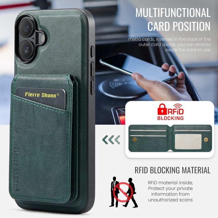 For iPhone 16 Plus Fierre Shann Cowhide Vertical Flip Magnetic Card Holder Phone Case(Green) - free shipping - PMC Jewellery - Order now!