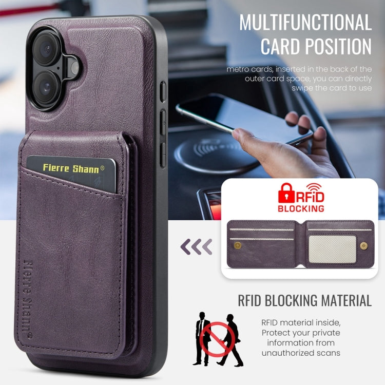 For iPhone 16 Plus Fierre Shann Cowhide Vertical Flip Magnetic Card Holder Phone Case(Purple)