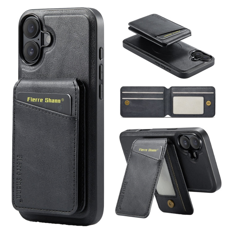 For iPhone 16 Fierre Shann Cowhide Vertical Flip Magnetic Card Holder Phone Case(Black)