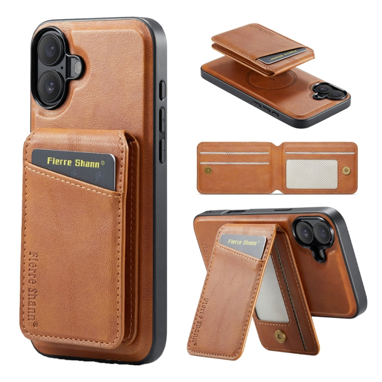 For iPhone 16 Fierre Shann Cowhide Vertical Flip Magnetic Card Holder Phone Case(Brown)