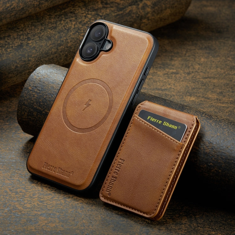For iPhone 16 Fierre Shann Cowhide Vertical Flip Magnetic Card Holder Phone Case(Brown)
