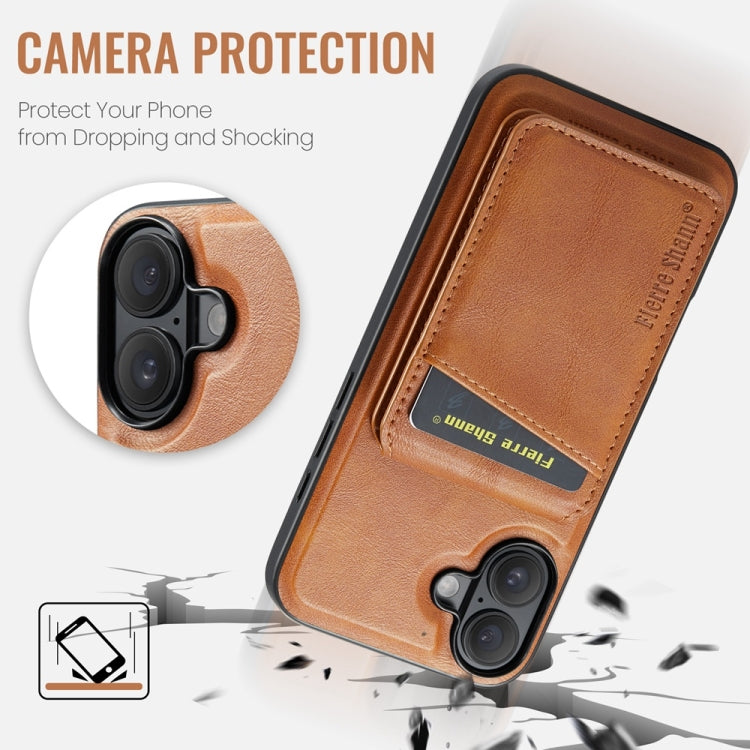 For iPhone 16 Fierre Shann Cowhide Vertical Flip Magnetic Card Holder Phone Case(Brown)