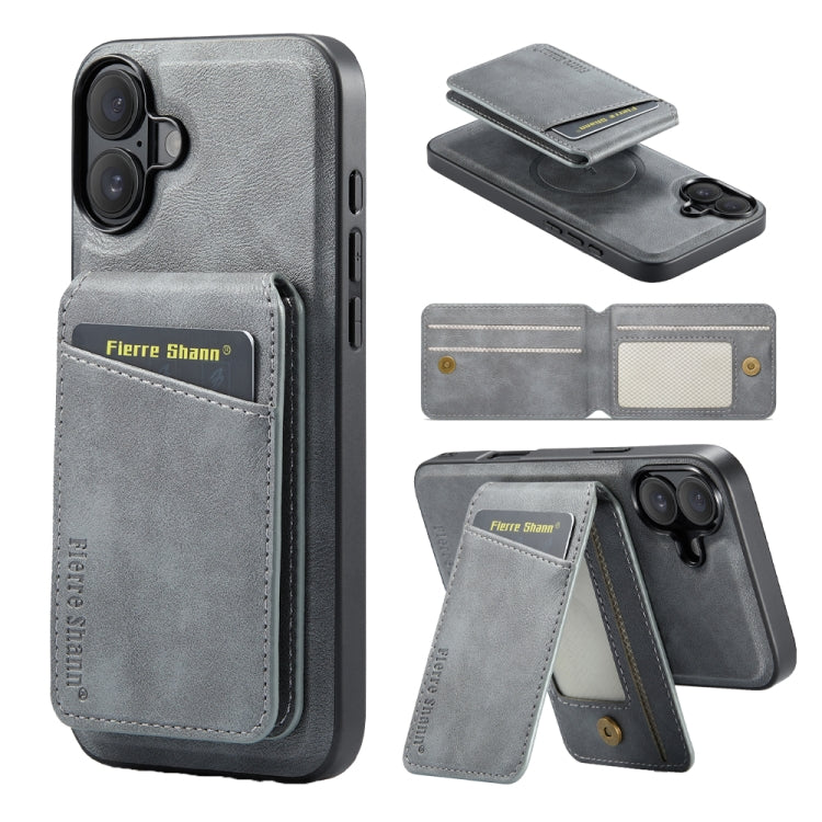 For iPhone 16 Fierre Shann Cowhide Vertical Flip Magnetic Card Holder Phone Case(Grey)