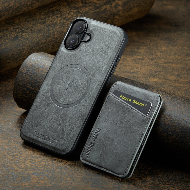 For iPhone 16 Fierre Shann Cowhide Vertical Flip Magnetic Card Holder Phone Case(Grey)