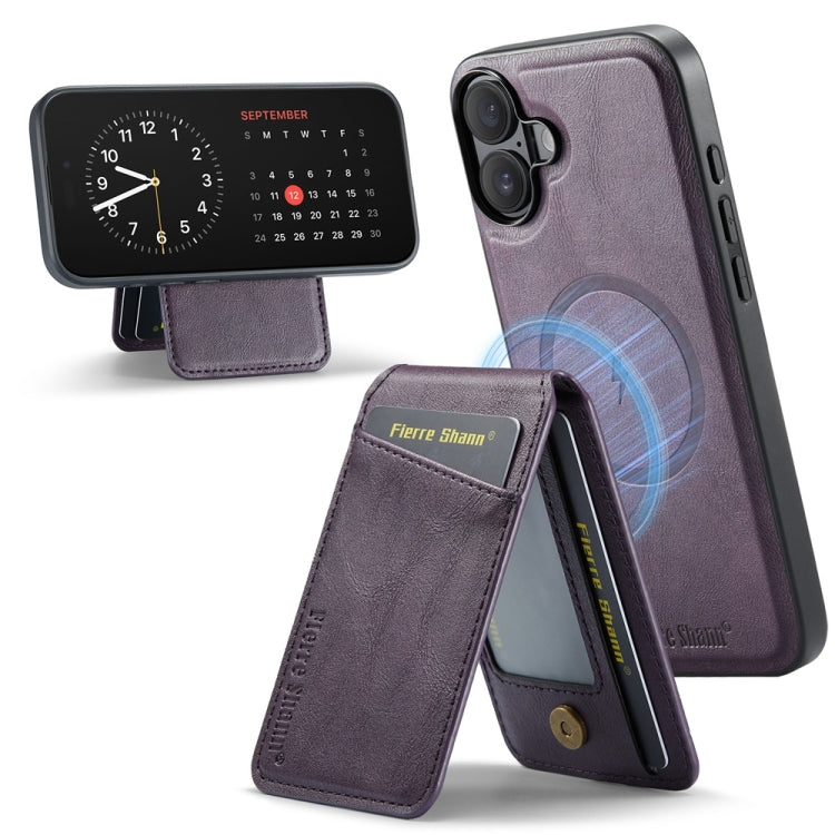 For iPhone 16 Fierre Shann Cowhide Vertical Flip Magnetic Card Holder Phone Case(Purple)