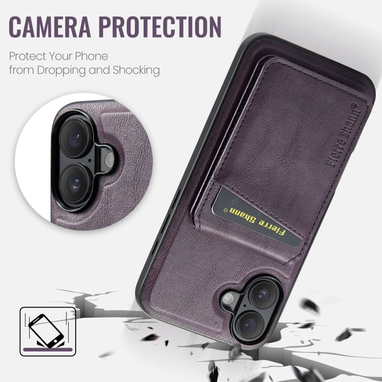 For iPhone 16 Fierre Shann Cowhide Vertical Flip Magnetic Card Holder Phone Case(Purple)