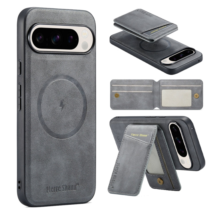 For Google Pixel 9 Pro Fierre Shann Cowhide Vertical Flip Magnetic Card Holder Phone Case(Grey)