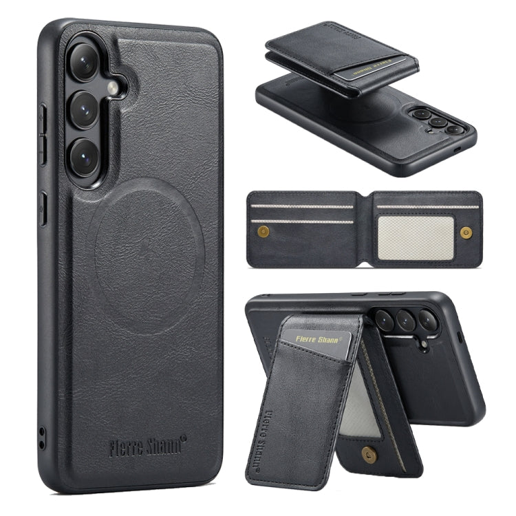 For Samsung Galaxy S24+ 5G Fierre Shann Cowhide Vertical Flip Magnetic Card Holder Phone Case(Black)