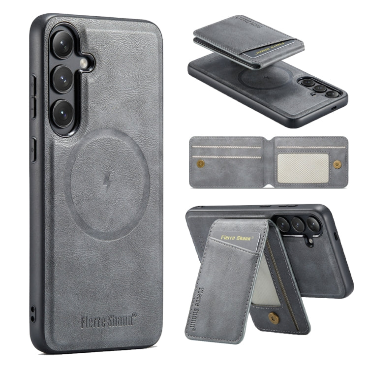 For Samsung Galaxy S24+ 5G Fierre Shann Cowhide Vertical Flip Magnetic Card Holder Phone Case(Grey)