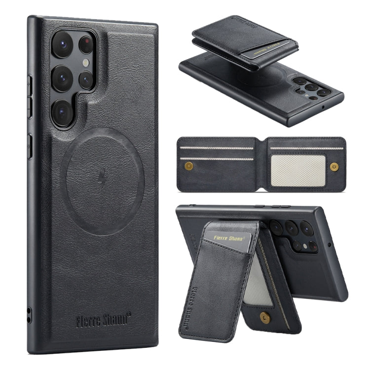 For Samsung Galaxy S24 Ultra 5G Fierre Shann Cowhide Vertical Flip Magnetic Card Holder Phone Case(Black)
