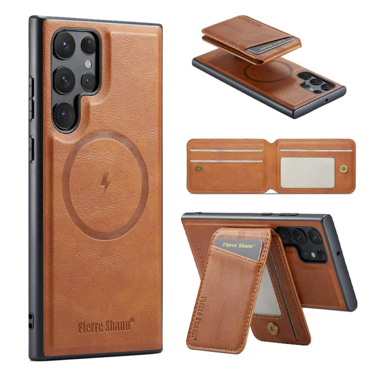 For Samsung Galaxy S24 Ultra 5G Fierre Shann Cowhide Vertical Flip Magnetic Card Holder Phone Case(Brown)