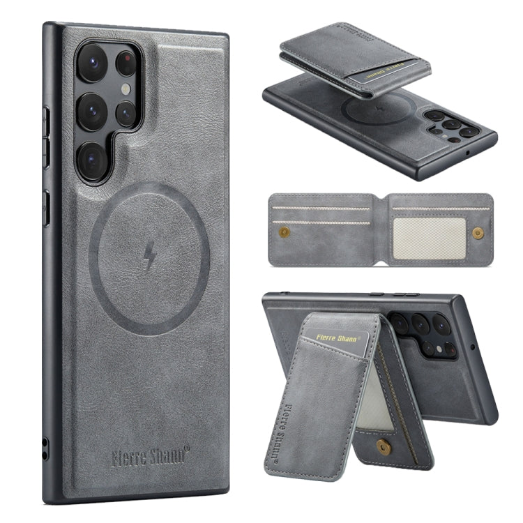 For Samsung Galaxy S24 Ultra 5G Fierre Shann Cowhide Vertical Flip Magnetic Card Holder Phone Case(Grey)
