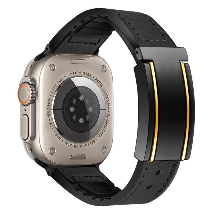 For Apple Watch Ultra 2 49mm Trapezoid Fold Magnetic Buckle Silicone PU Watch Band(Black Gold)