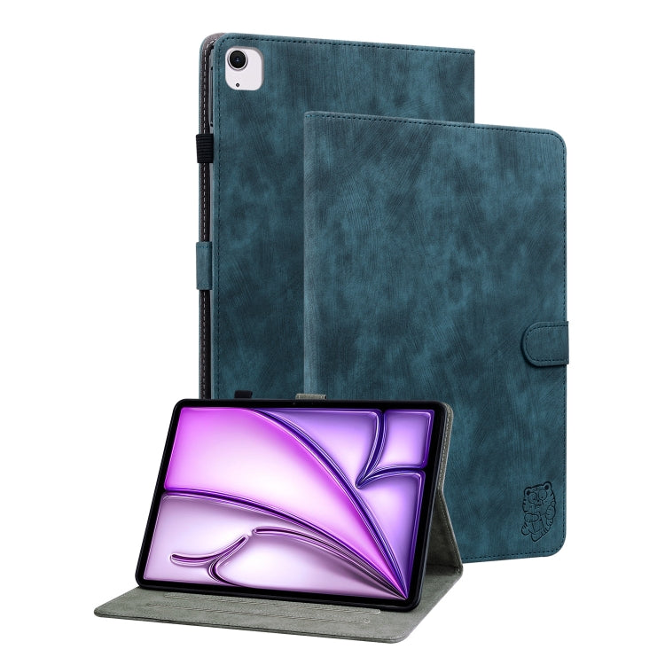 For iPad Air 13 2025 / 2024 Embossed Tiger Pattern Leather Tablet Case(Dark Blue)