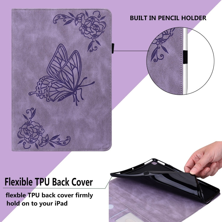 For iPad Air 11 2024 Butterfly Flower Embossed Leather Tablet Case(Purple)