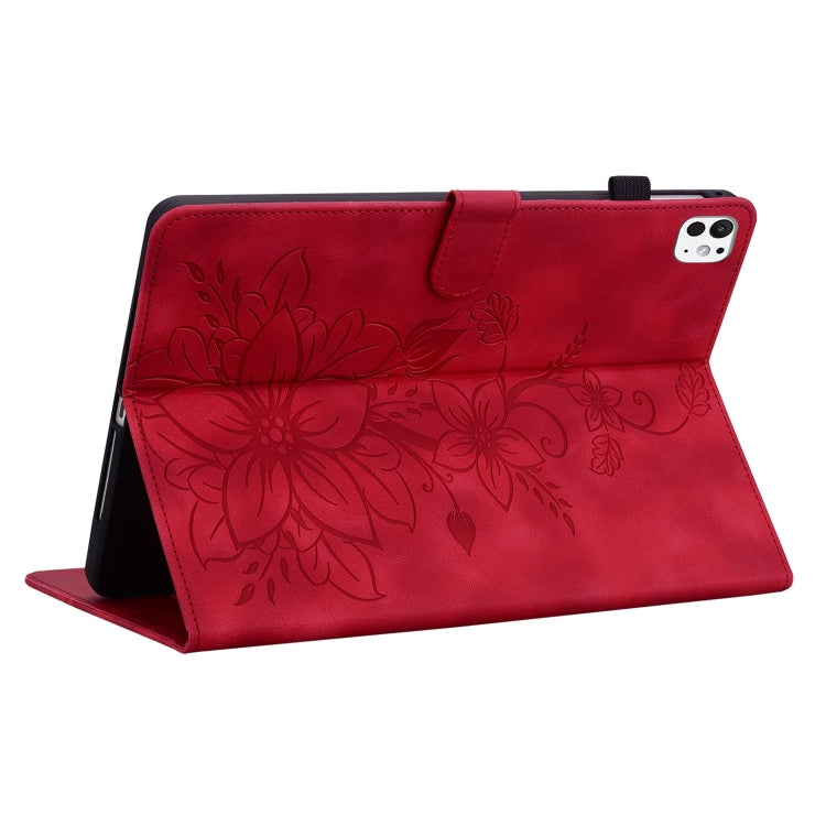 For iPad Pro 11 2024 Lily Embossed Leather Smart Tablet Case(Red)