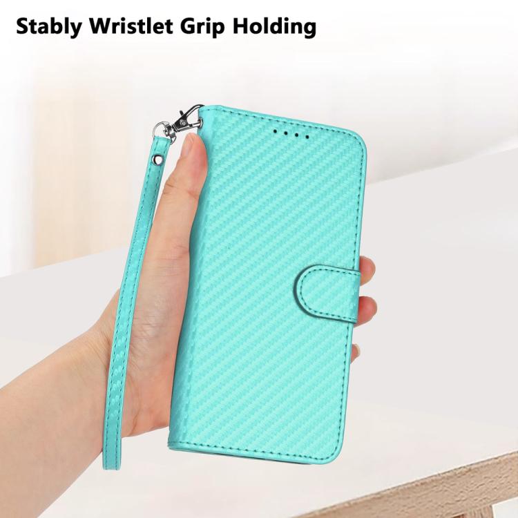 For iPhone 17 YX0070 Carbon Fiber Buckle Leather Phone Case with Lanyard(Light Blue)