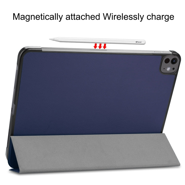 For iPad Pro 13 2024 Custer Pure Color 3-Fold Holder Smart Leather Tablet Case(Dark Blue)