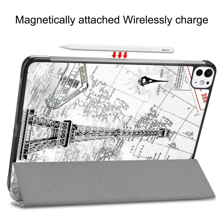 For iPad Pro 11 2024 Custer Painted 3-Fold Holder Smart Leather Tablet Case with Pen Tray(Retro Tower)