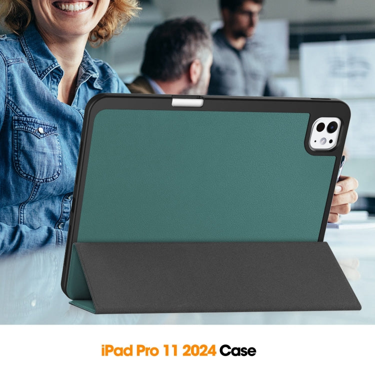 For iPad Pro 11 2024 Custer TPU Pure Color 3-Fold Holder Smart Leather Tablet Case with Pen Tray(Dark Green) - iPad Pro 11 2024 Cases by PMC TechLife | Online Shopping South Africa | PMC TechLife | Buy Now Pay Later Mobicred