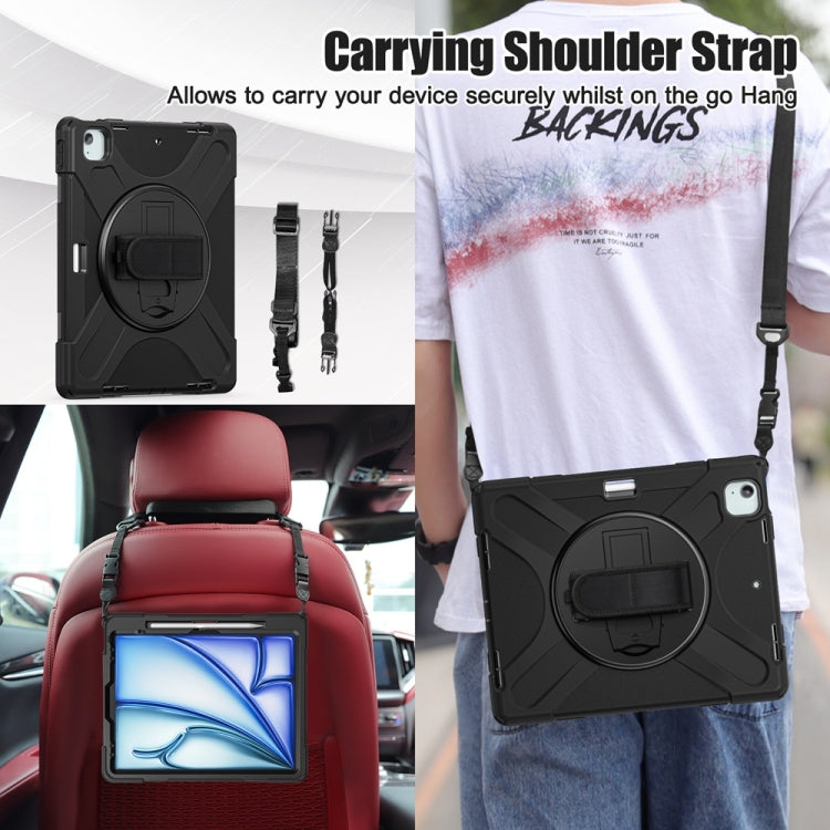 For iPad Air 13 2024 / Air 13 2025 Rotatable Holder Silicone Hybrid PC Tablet Case with Shoulder Strap(Black)