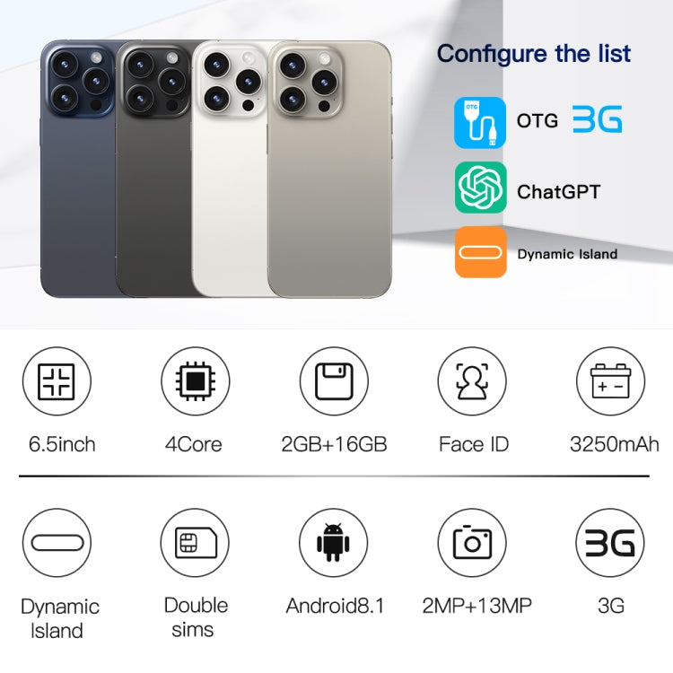 i15 Pro Max / Q5, 2GB+16GB, 6.5 inch Screen, Face Identification, Android 8.1 MTK6580P Quad Core, Network: 3G, Dual SIM(Titanium Black)