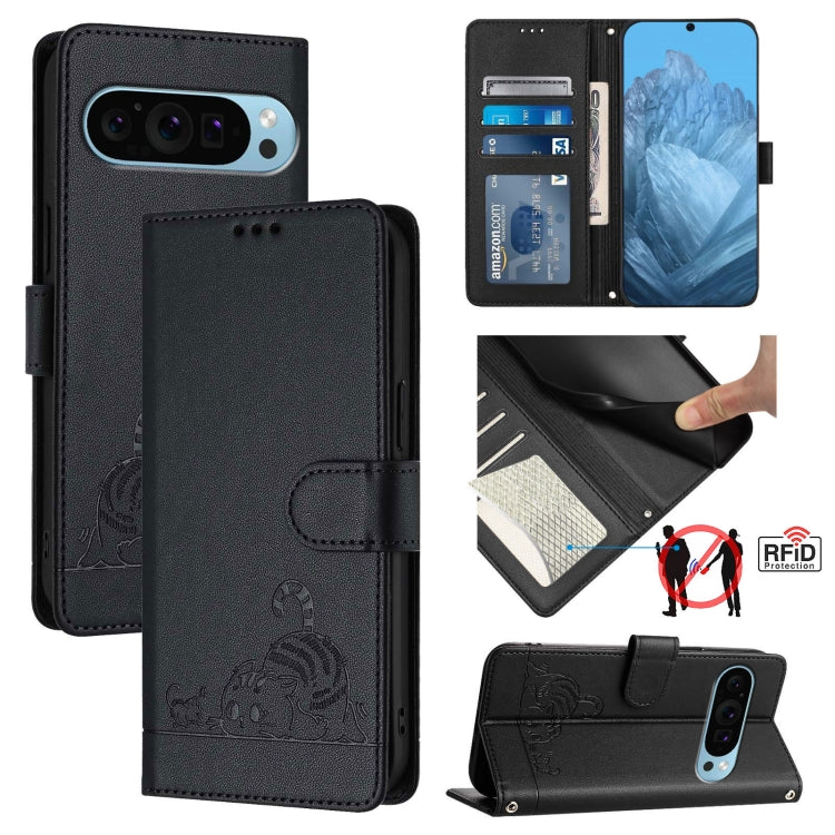 For Google Pixel 9 / 9 Pro Cat Rat Embossed Pattern RFID Leather Phone Case with Lanyard(Black)