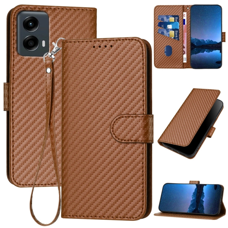 For Motorola Moto G 5G 2024 YX0070 Carbon Fiber Buckle Leather Phone Case with Lanyard(Coffee)