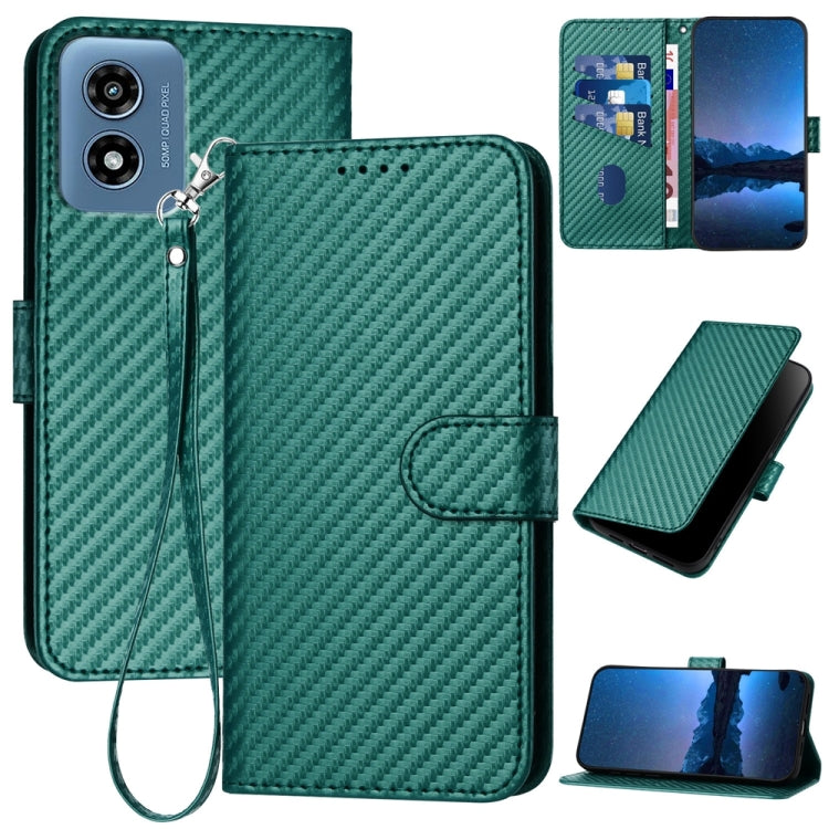 For Motorola Moto G Play 4G 2024 YX0070 Carbon Fiber Buckle Leather Phone Case with Lanyard(Dark Green)