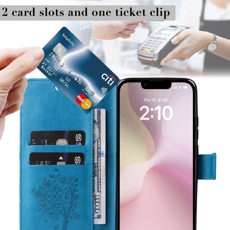 For iPhone 16e Tree & Cat Embossed Pattern Flip Leather Phone Case(Blue) - iPhone 16e Cases by PMC TechLife | Online Shopping South Africa | PMC TechLife | Buy Now Pay Later Mobicred