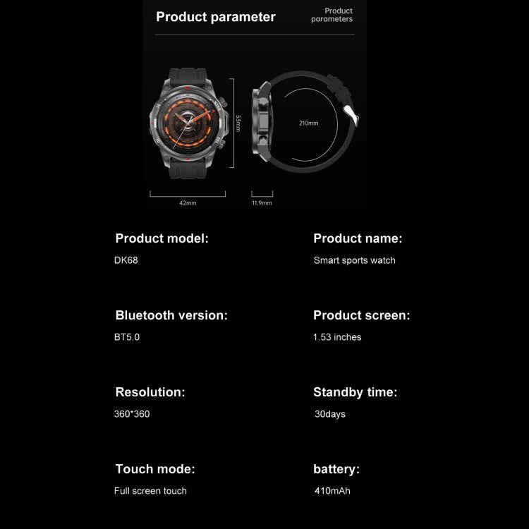 DK68 1.53 inch IP67 BT 5.0 Fitness Sport Smart Watch, Support LED Flashlight / Bluetooth Call / Sleep / Blood Oxygen / Heart Rate / Blood Pressure Health Monitor(Black) - Smart Watches by PMC TechLife | Online Shopping South Africa | PMC TechLife | Buy Now Pay Later Mobicred