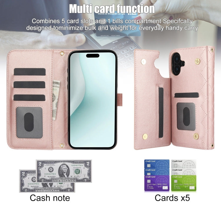 For iPhone 16 Crossbody Multifunction Rhombic Leather Phone Case(Rose Gold)