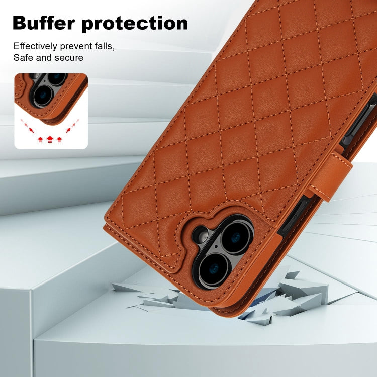 For iPhone 16 Crossbody Multifunction Rhombic Leather Phone Case(Brown)